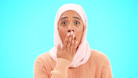 Muslim-woman,-wow-and-surprise-with-hand-on-mouth