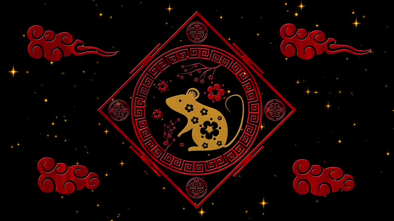 año nuevo lunar, fondo del festival de primavera con rata dorada, fuegos artificiales, estrellas relucientes. año nuevo chino telón de fondo de la noche estrellada negra para el evento de vacaciones. animación de renderización 3d. bucle sin costuras 4k video