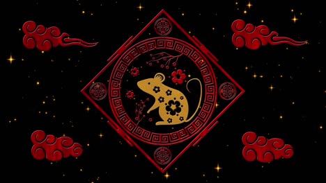 lunar new year, spring festival background with golden rat, fireworks, glittering stars. chinese new year black starry night backdrop for holiday event. 3d rendering animation. seamless loop 4k video
