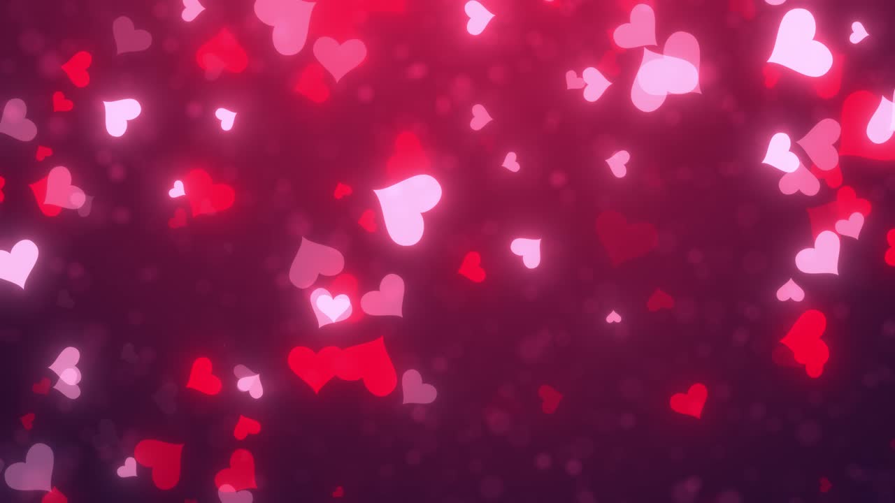 Animazione di felice giorno di San Valentino e romanticismo, cuori lucidi e scintillanti, concetto di San Valentino e matrimonio, particelle luminose, sfondo sfumato rosso scuro.