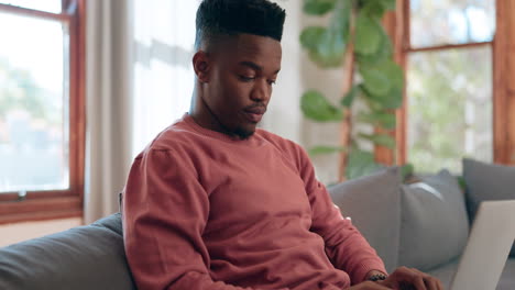 home, thinking and black man with a laptop
