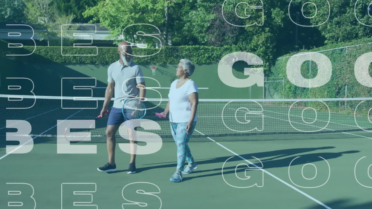 Mature man and senior woman walking with rackets on tennis court, showing live fitness chart