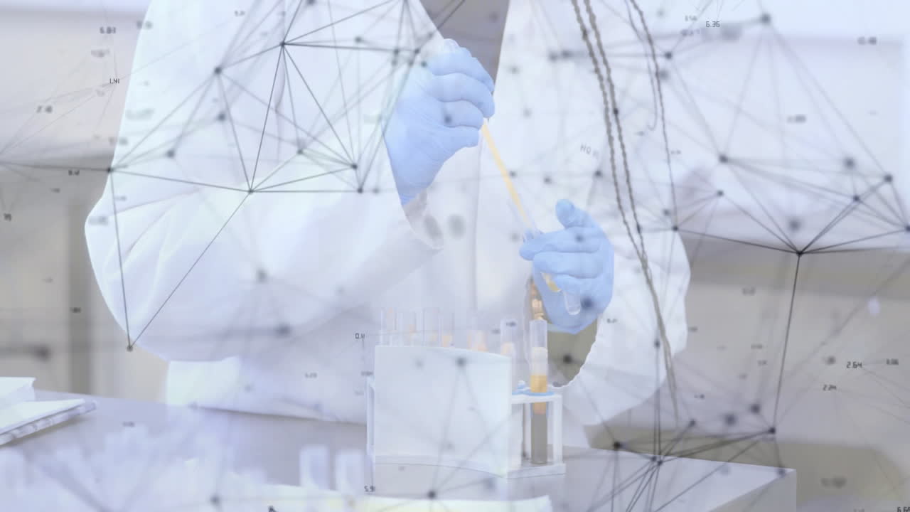 Conducting experiment with network data overlay, scientist in lab coat in animation