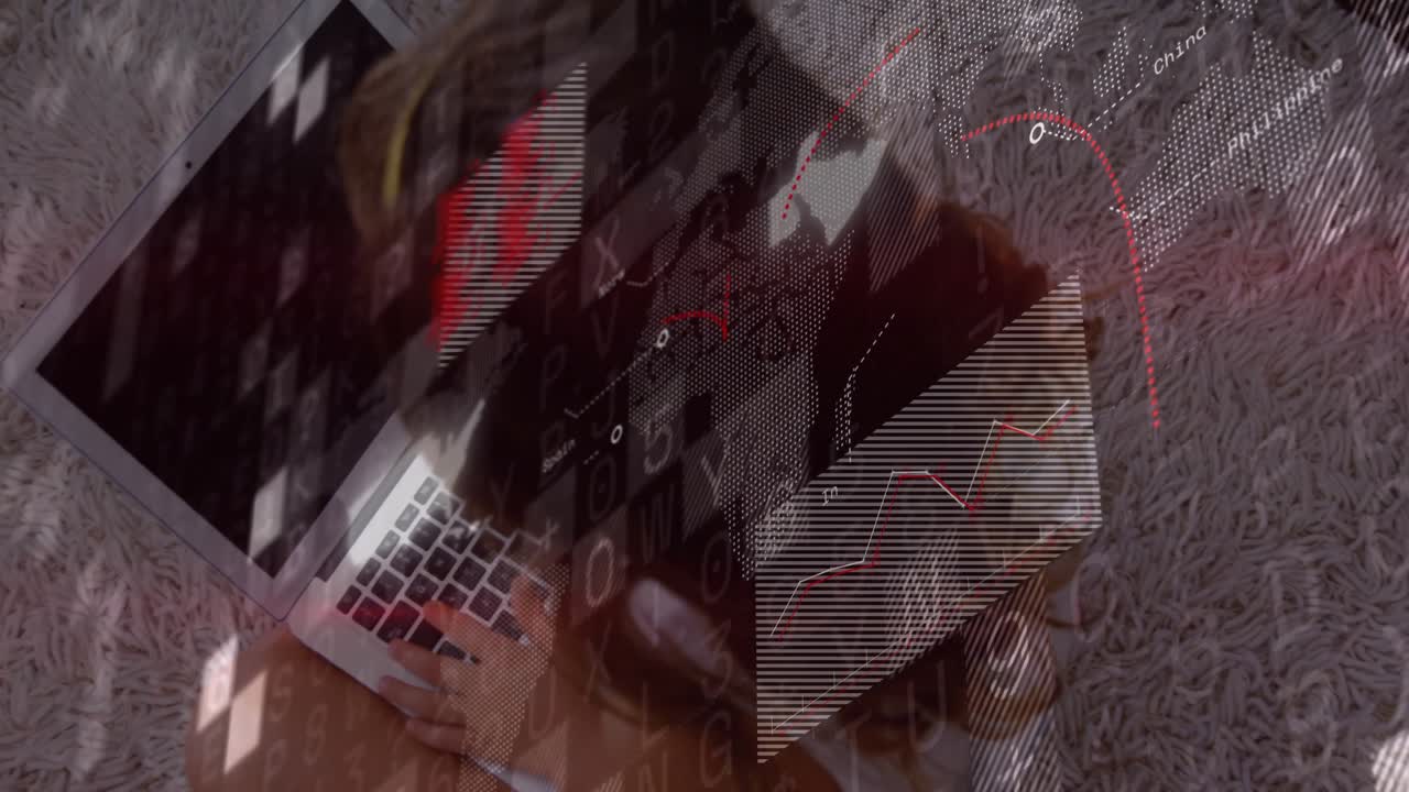 Girl on carpet pressing keys, generating data blocks and scrolling charts analyzing tech trends
