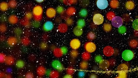 animation of snow falling, christmas glowing lights with spots of light on black background