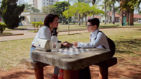 mother and son learning together at an outdoor chess table in a park