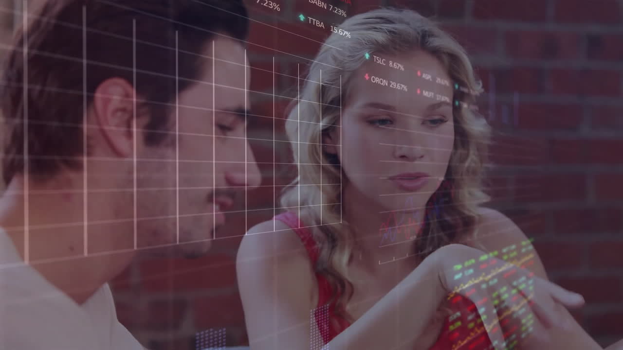 Animation of financial data processing over diverse business people in office
