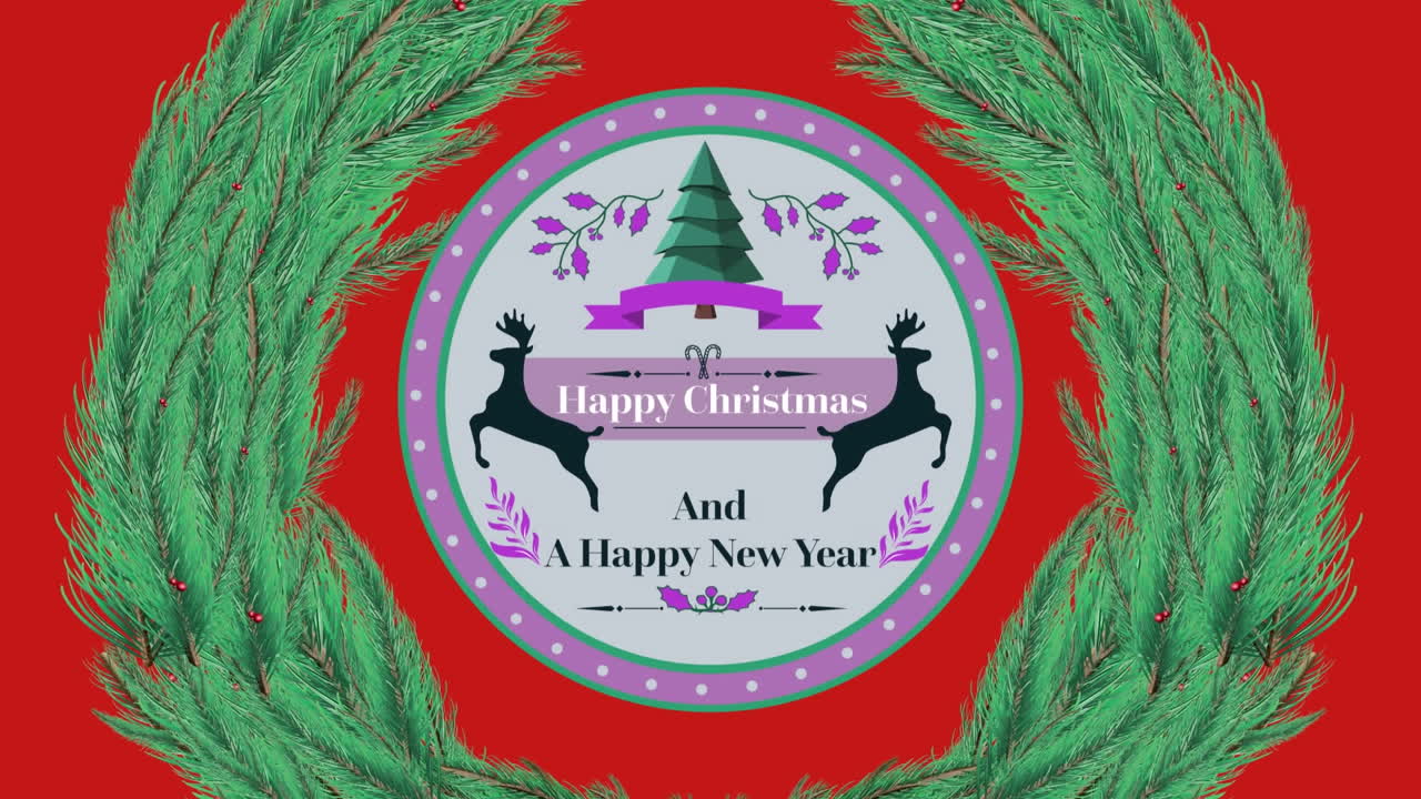 animación de felicitaciones de navidad en etiqueta sobre corona sobre fondo rojo