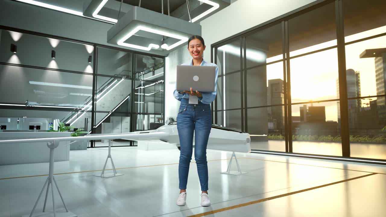 mujer trabajando en una computadora portátil en una oficina futurista con un dron