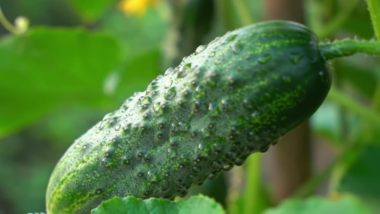 Fresh Cucumber Growing in Garden With Morning Dew in Outdoor Setting