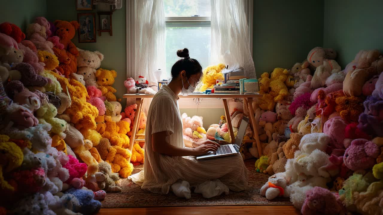 A Young Woman Working on a Laptop Surrounded by Colorful Plush Toys in a Cozy Room, Capturing a Serene Atmosphere Amidst the Playful Tidiness of Soft Childhood Memories