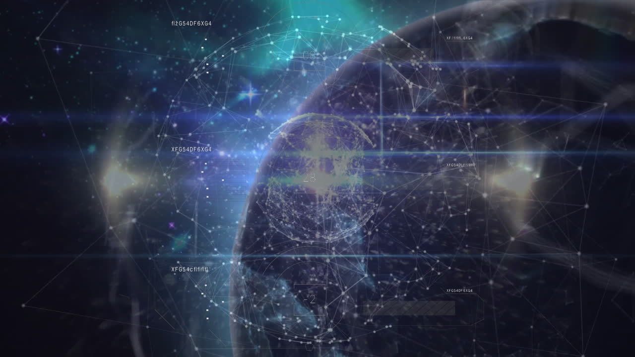 Earth surrounded by digital network and data points in space-themed animation