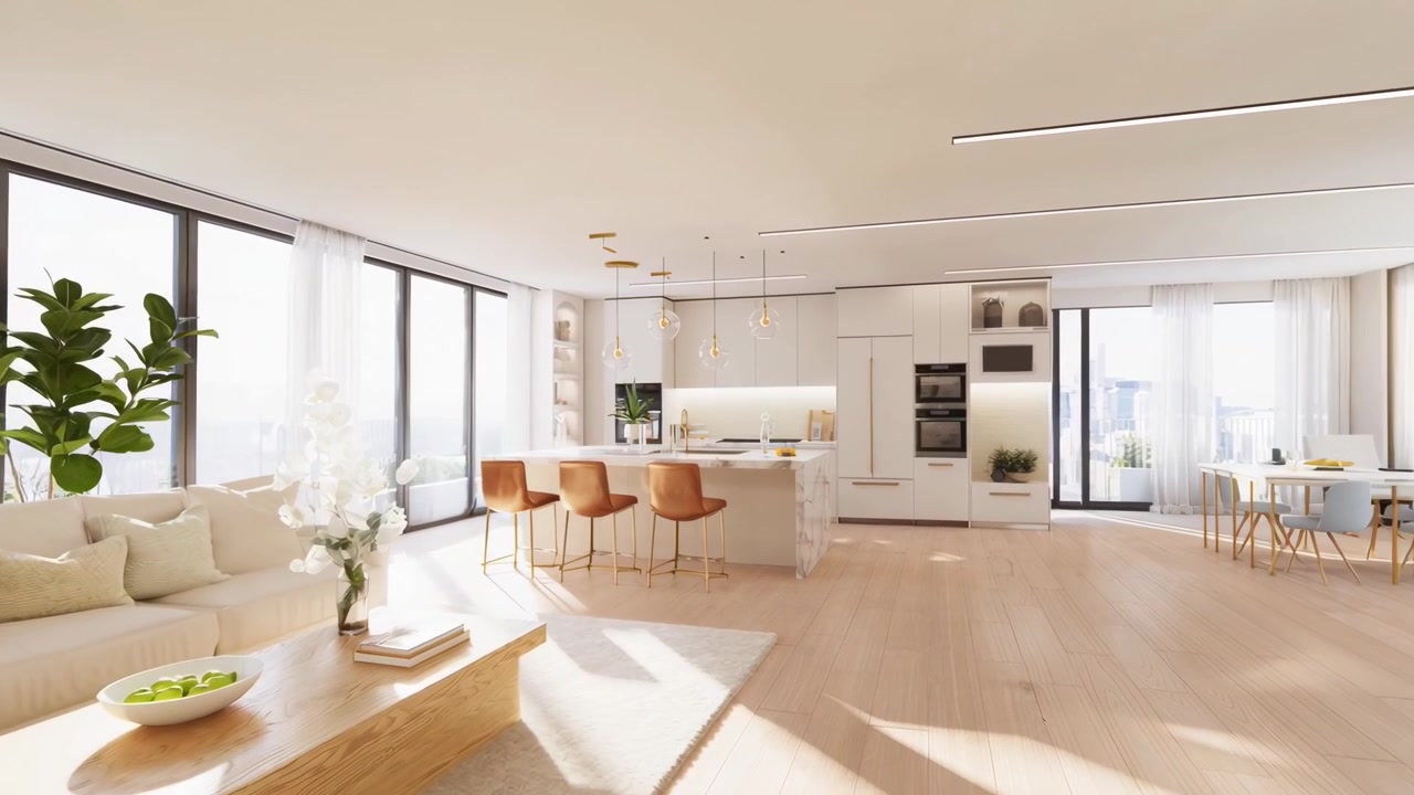 Interno moderno di salotto e cucina a concetto aperto