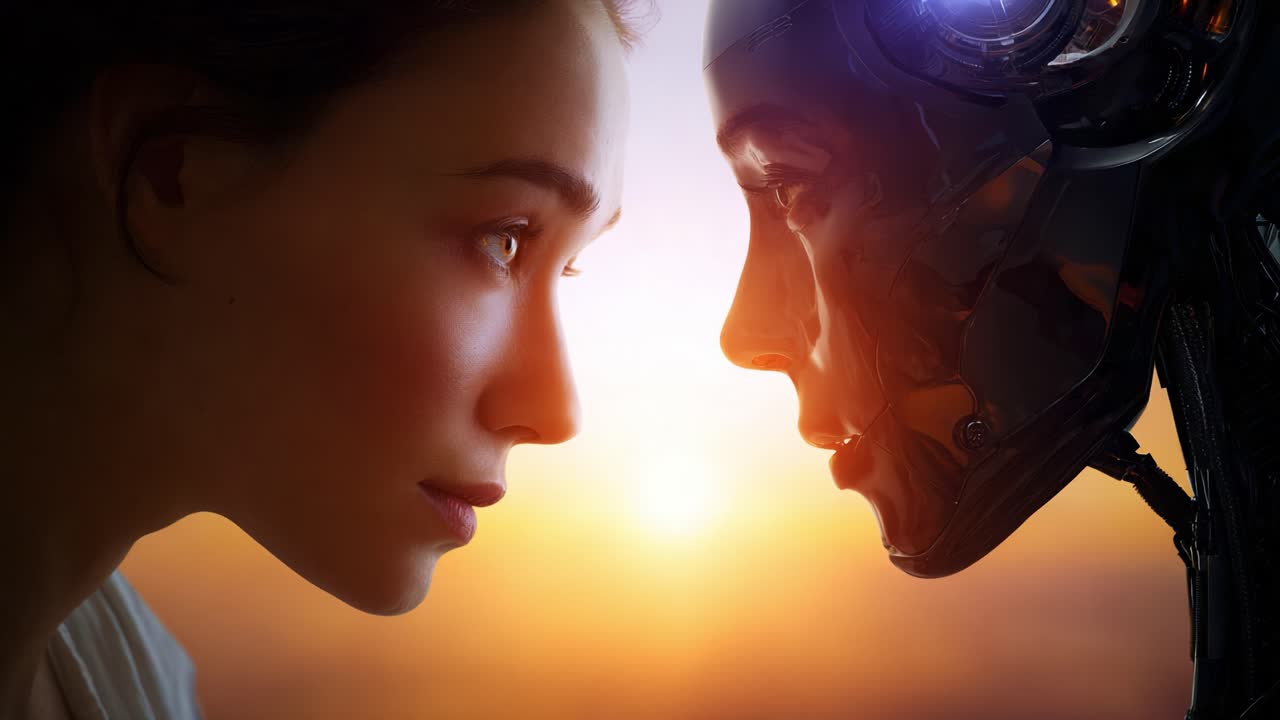 An Intimate Encounter Between Humanity and Technology: A Human Girl and a Robot Face Each Other Against a Beautiful Sunset Background