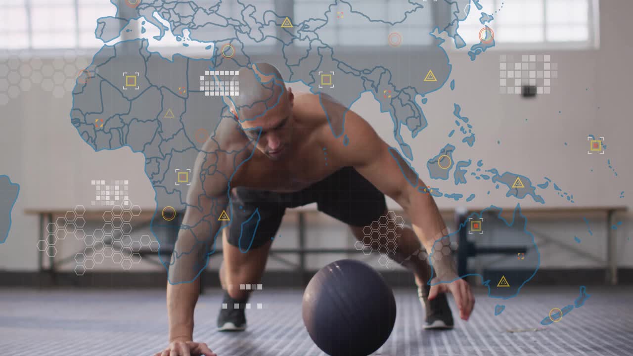 Atlet kebugaran memegang bola obat, ikon data muncul secara bertahap menumpuk peta dunia saat beralih ke push-up.