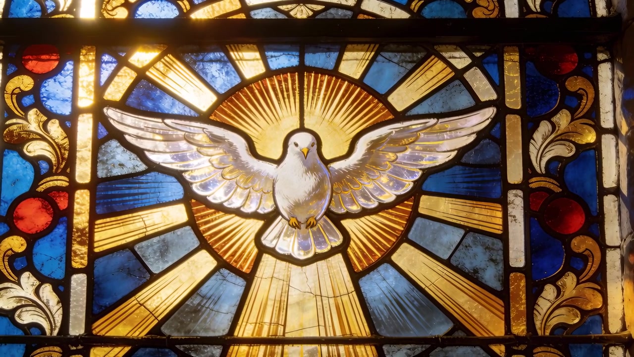 Luce solare e telecamera in movimento che mostrano un pannello di vetro piombato raffigurante una colomba in chiesa, proiettando un'aureola dorata.
