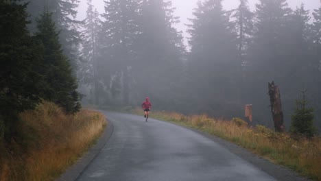 man running outdoors in foggy forrest with a red jacket. 50fps slowed down