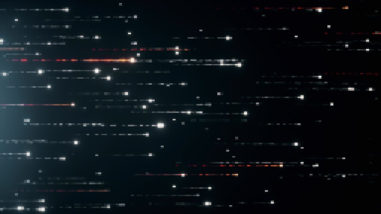 Abstract technology background with animation of fast flying flickering code particles as data transfer. Seamless loop 3d render. Modern color spectrum