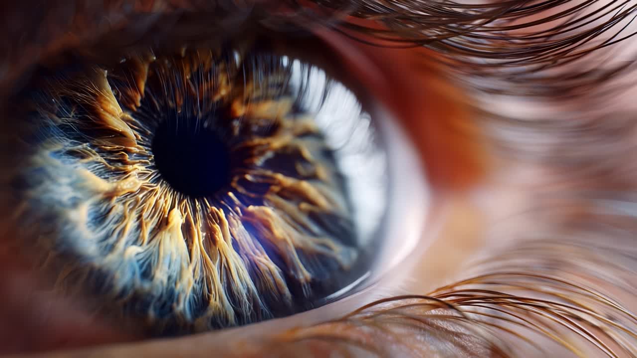 Detailed Macro Shot of a Human Eye Capturing the Intricate Patterns and Vibrant Colors in the Iris, Highlighting the Unique Textures and Structures of the Eye