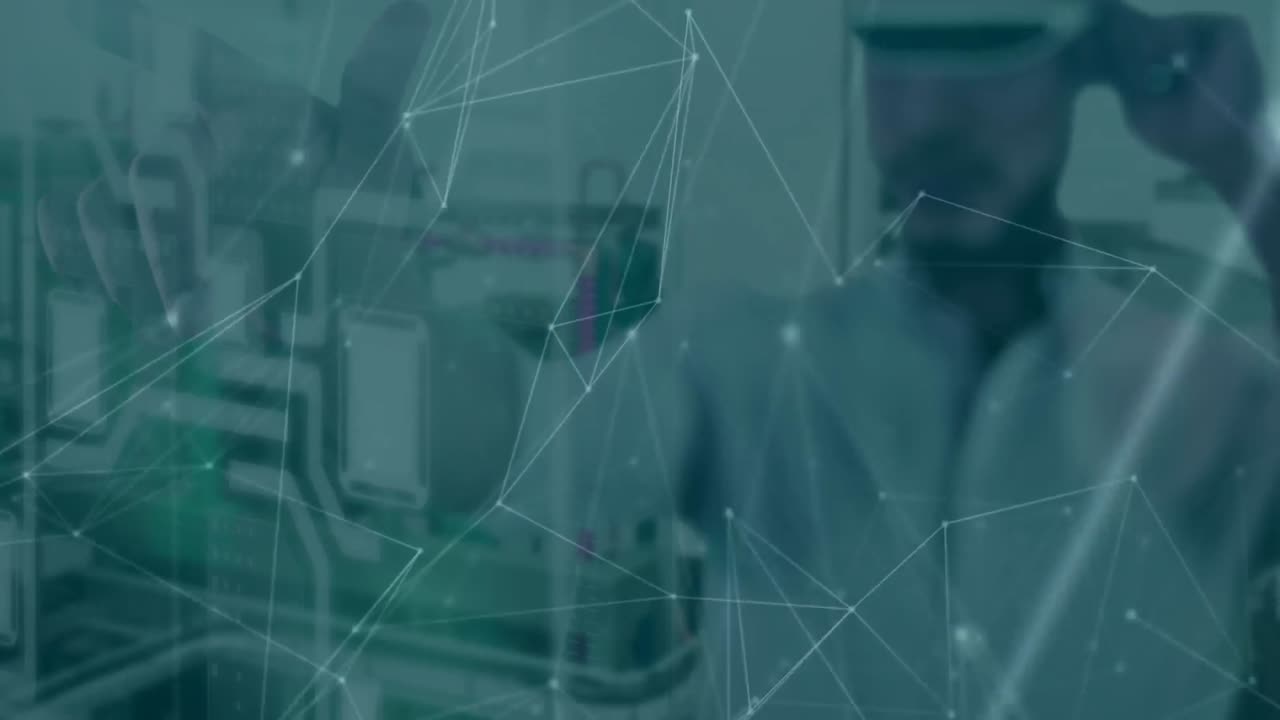 animación de la red de conexiones sobre el hombre que usa auriculares vr