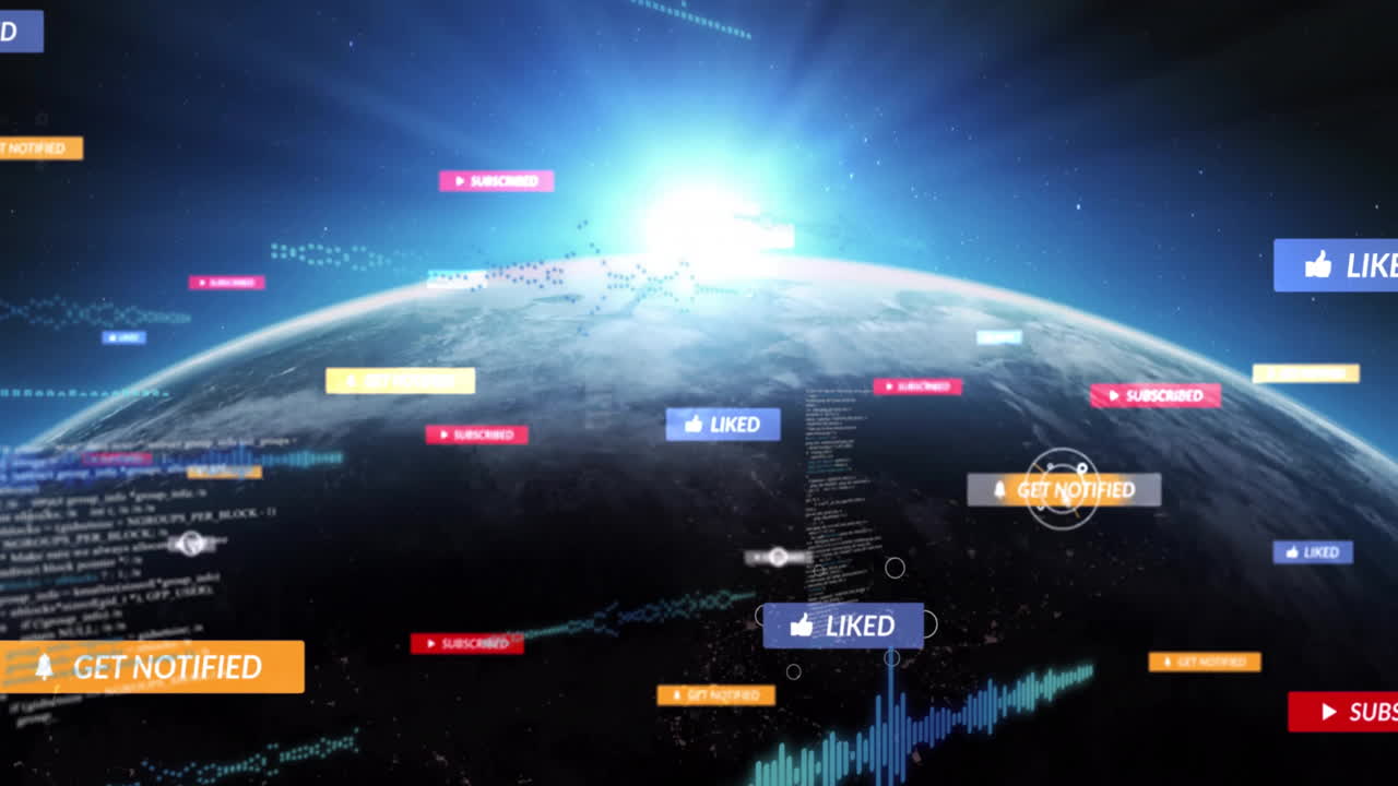 Social media notifications and interactions animation over view of Earth from space