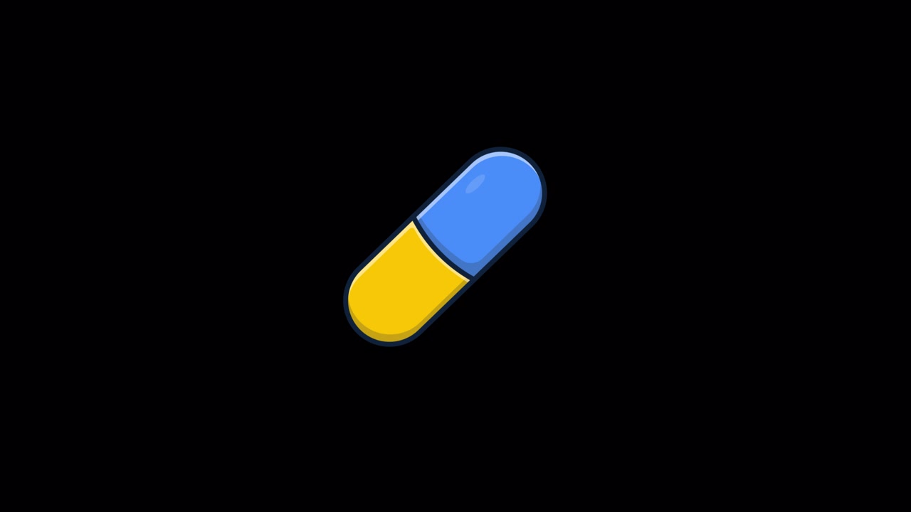 Capsula blu e gialla animata che fluttua su sfondo nero