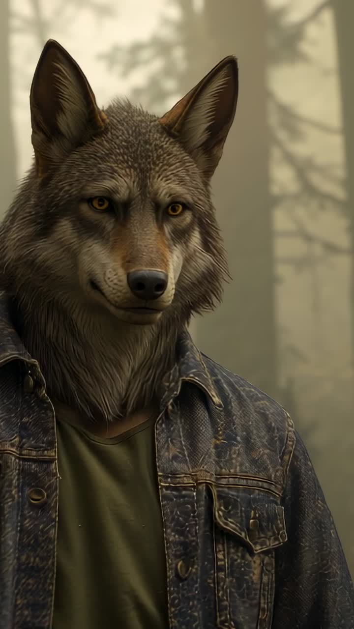 Vertical video: Wolf scanning in pine forest as mist swirls, with denim jacket and green t-shirt