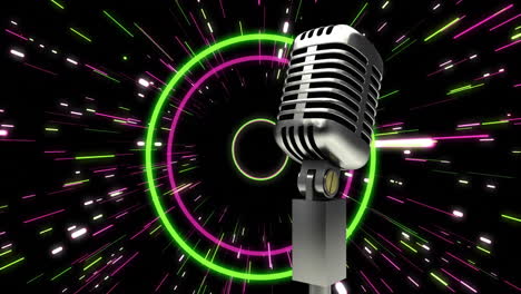animación de micrófono retro y patrón de neón sobre senderos de luz de fondo