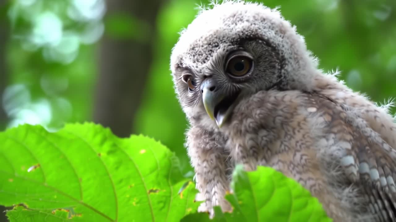 Young Owl Curiously Interacts with Vibrant Foliage, Showcasing Its Unique Features and Natural Habitat in a Beautiful Forest Environment