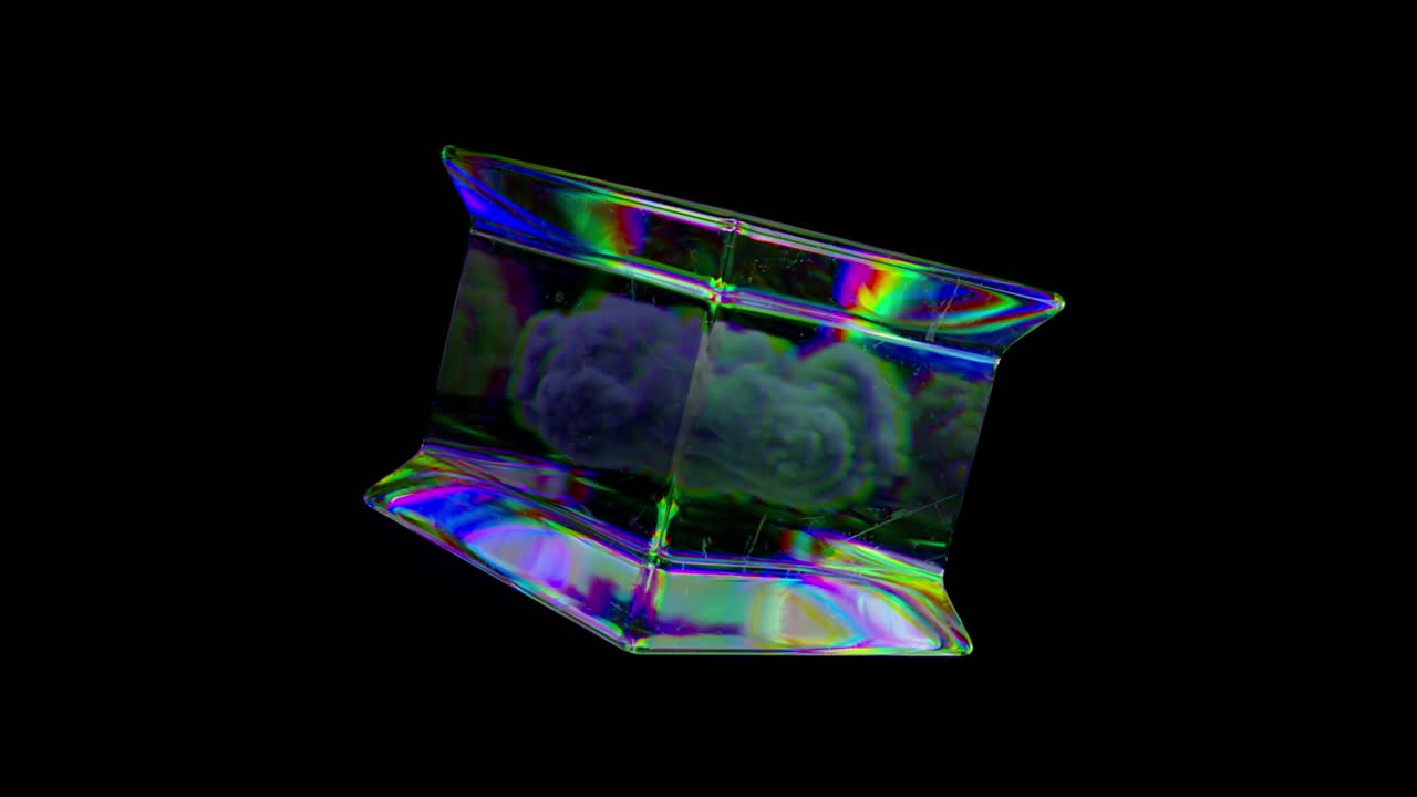 구름 반사와 함께 iridescent 유리 큐브