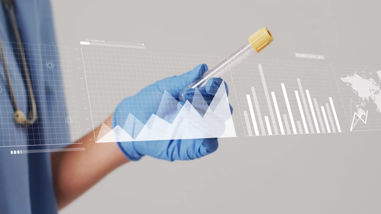sosteniendo el tubo de ensayo, mano con guante con animación de análisis de datos sobre él