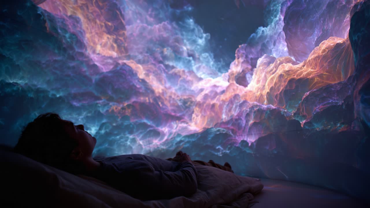 A Dreamlike Cosmic Experience: The Stunning Visuals of a Person Enveloped in a Breathtakingly Beautiful Galaxy Projection While Resting Comfortably on a Bed in a Serene Environment