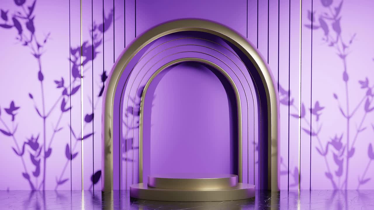 3d 렌더링 애니메이션으로 나무 잎 그림자를 가진 수직 제품 디스플레이 스탠드 디자인, 전자 상거래 웹 사이트 판매 할인 보라색 배경