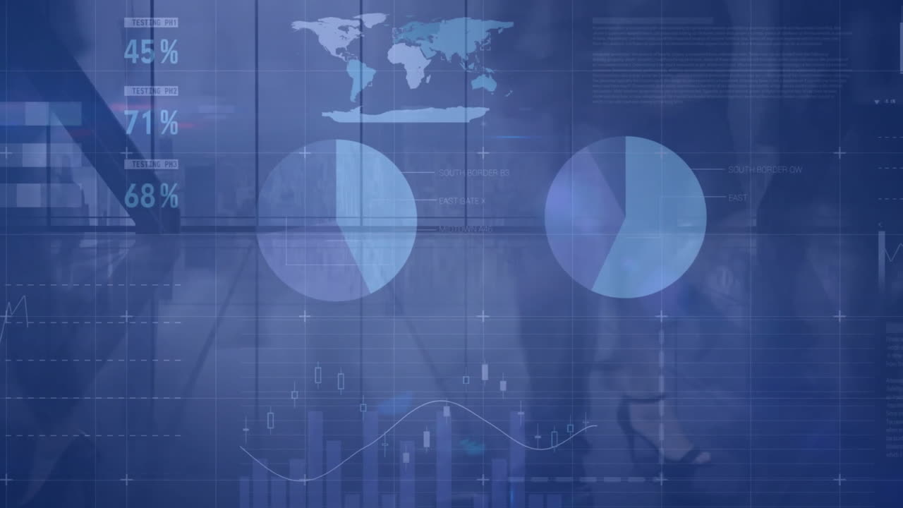 Animation of financial data processing over people walking in modern office