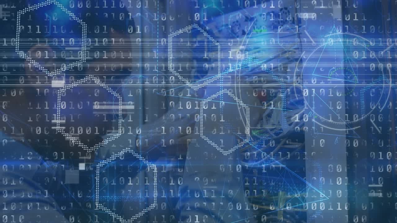 Animation of binary coding and data processing over caucasian male it technician by server