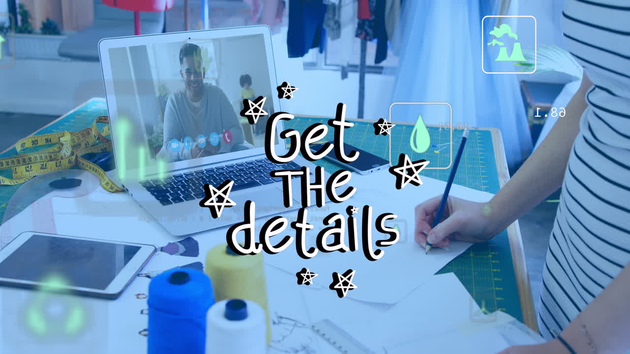 Animation of get the details text over caucasian businessman having video call