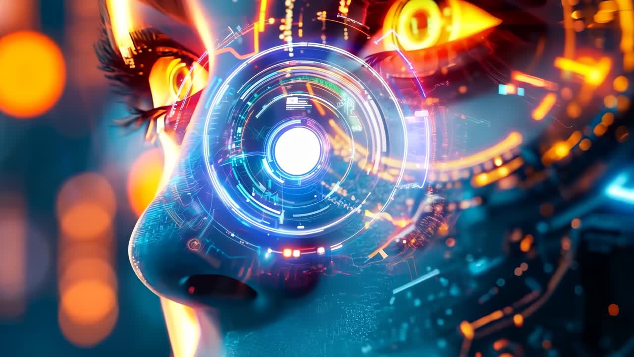 un primer plano de la cara de un robot con ojos rojos