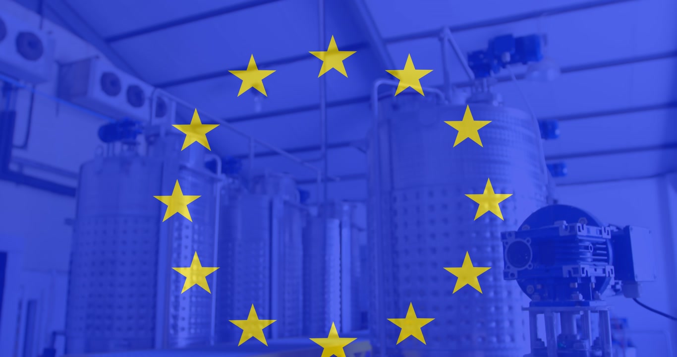 Animation of flag of eu over factory