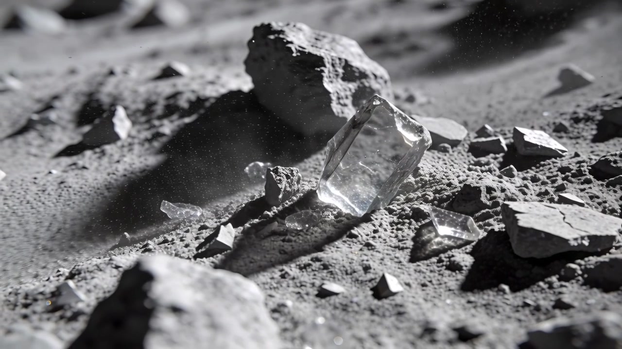 Passing dust streak causing clear crystal rotating and settling on rocky ground, with shards