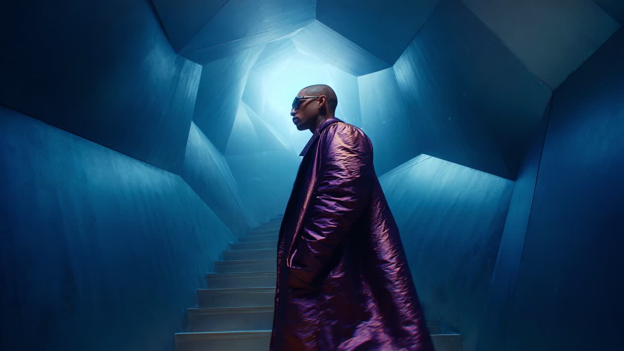 A solitary figure in a striking purple coat stands at the bottom of a luminous staircase, surrounded by ethereal blue light and geometric shapes, creating a mesmerizing atmosphere of mystery and style