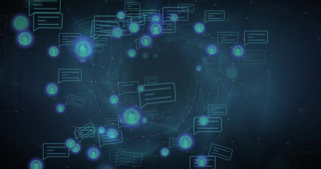 Glowing icons appearing at edges drifting inward spiraling clockwise visualizing network flow in 3D