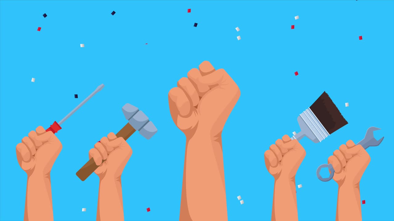 행복한 노동의 날 축하 손을 들고 도구