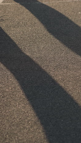 shadow of people jumping cast on ground with partial leg view, one person wearing canvas shoes, the dynamic movement creates a striking visual on the pavement with a distant background
