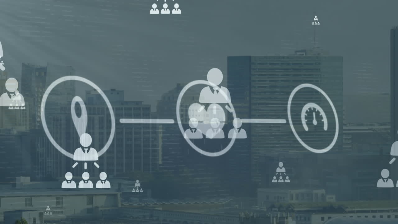 디지털 아이콘의 애니메이션과 프로필 아이콘의 네트워크는 도시 풍경의 공중 시야에 대해 떠다니고 있습니다.