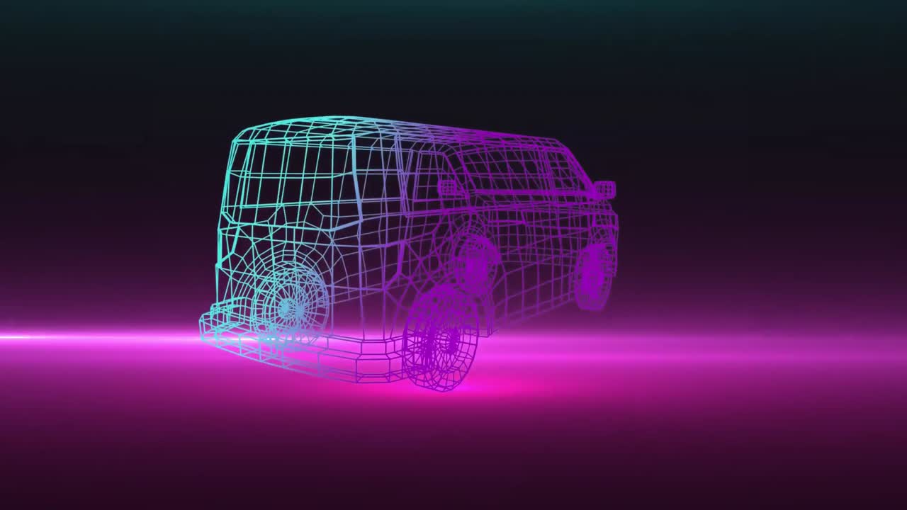 animación de un modelo 3d de coche girando con rastros de luz brillante rosa sobre fondo negro