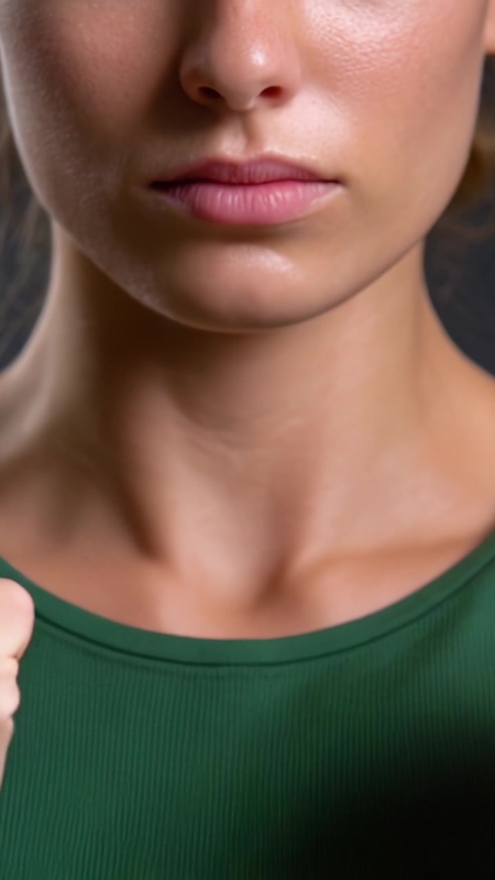 Primo piano del volto di una donna determinata che mostra espressioni forti con pugni serrati e postura concentrata in un'atmosfera intensa e riflessiva