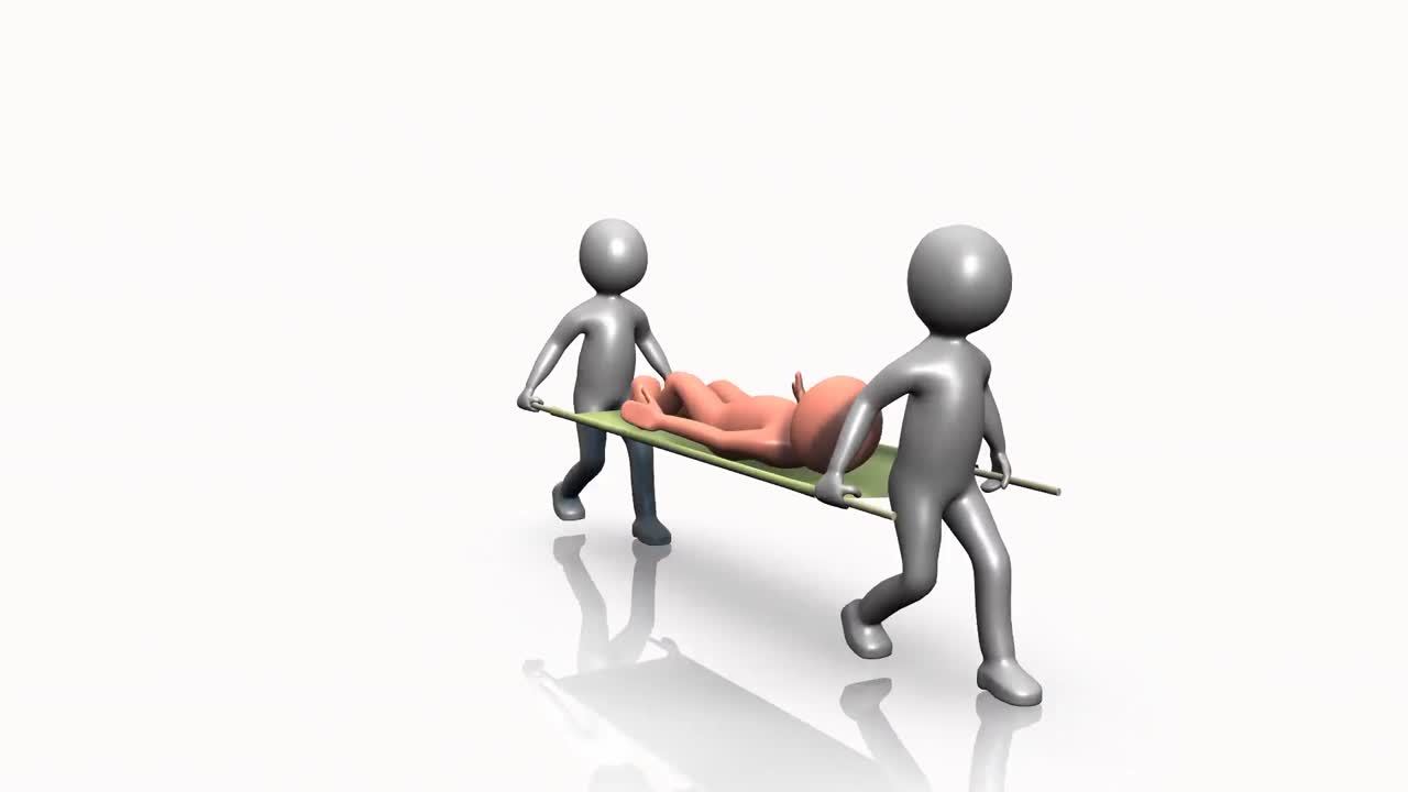 3d 의사들이 상처받은 사람을 배에 고 있습니다.