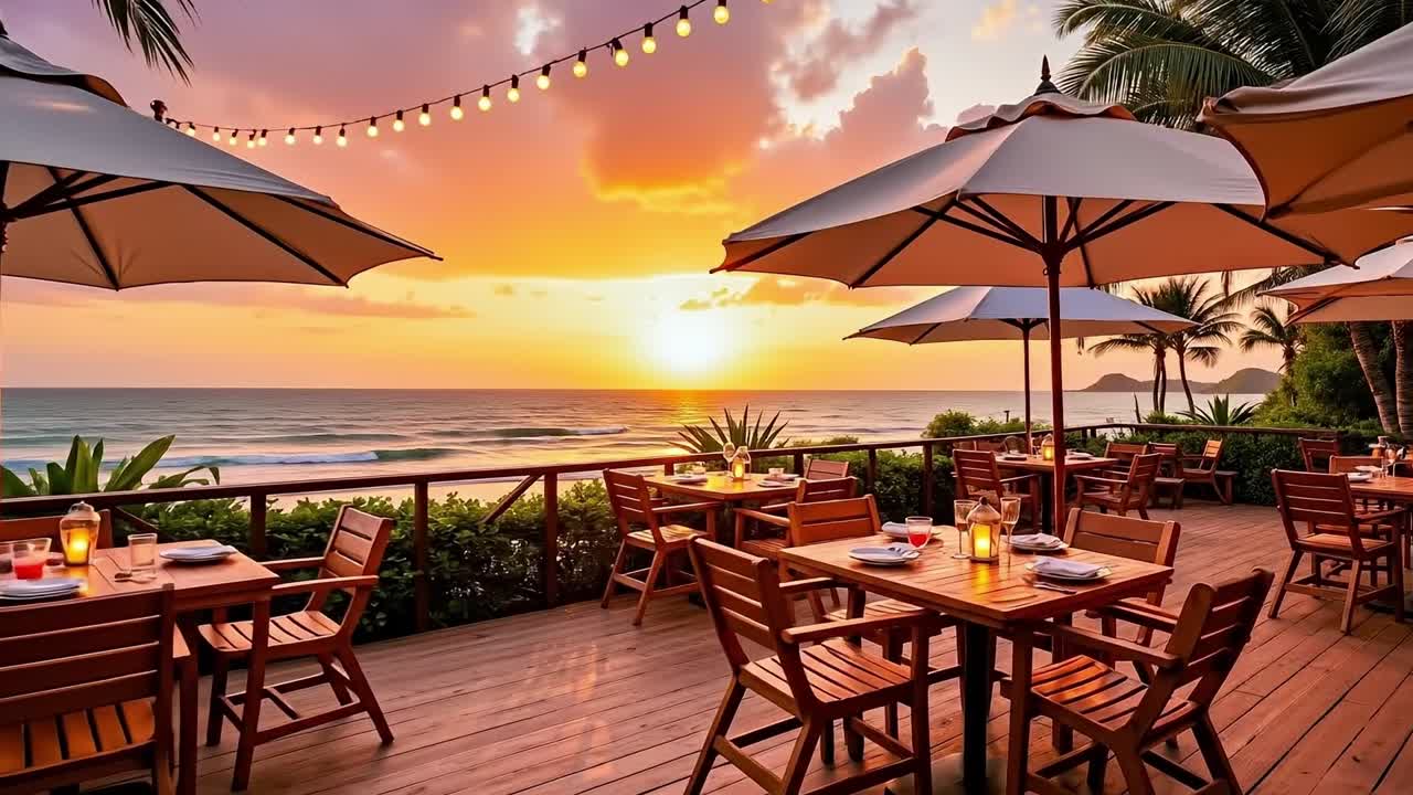A restaurant with tables and chairs set up for a sunset view