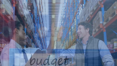 animation of financial data processing over diverse people in warehouse