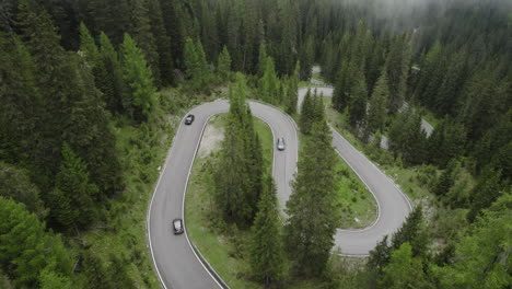 scenic drive down giau pass through alpine forest, dolomites